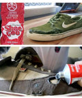 Shoe Goo Specialty Sealant And Glue 3.7 Oz Tube Clear Finish used on worn sneakers for bonding leather and canvas.
