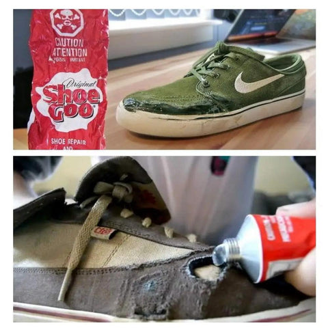 Shoe Goo Specialty Sealant And Glue 3.7 Oz Tube Clear Finish used on worn sneakers for bonding leather and canvas.