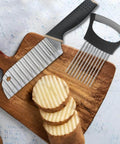 YuCool onion slicer set: stainless steel crinkle cutter knife and 2 onion holder slicers on wooden cutting board