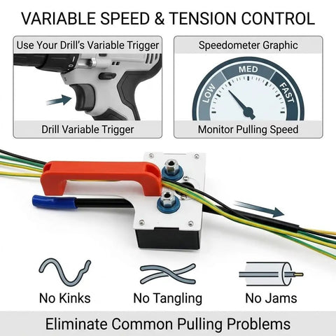 Professional Automatic Wire Fishing Tool For Wall Wiring Projects With Electric Drill Adapter showing variable speed control.