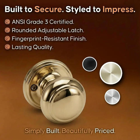 Colonial Door Knob in Polished Brass Finish, Dummy Function, 1 Pack with ANSI Grade 3 Security details