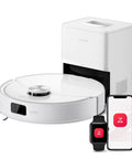 Robot Vacuum And Mop With 10,000 Pa Suction, 70 Day Self-Emptying Dock shown with compatible phone and watch apps