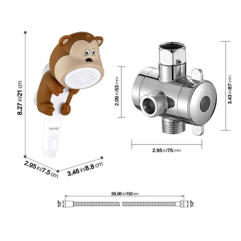 Kids Handheld Shower Head With Cartoon Monkey Design Hose Diverter with measurements in centimeters included