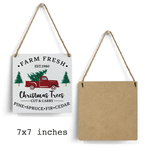 Red Pickup Truck With Christmas Tree Rustic Wood Sign For Winter Farmhouse Wall Art Cozy Festive Homey Vibes Holiday Home Kitchen Bathroom Porch Decor 7x7 Inch Xmas Front Door Rustic Decor showing front and back with hanging twine.
