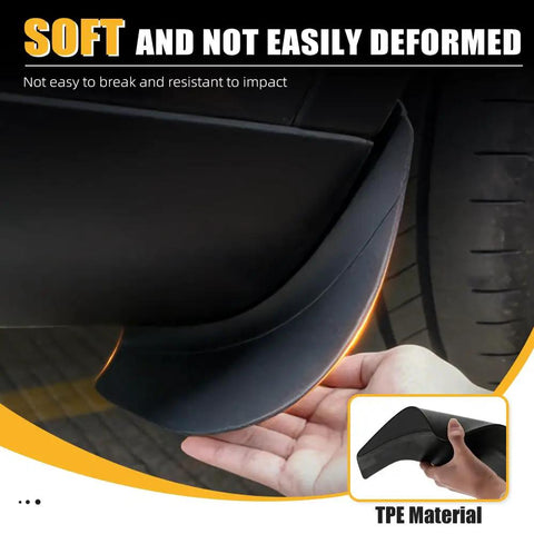 Next Gen Tesla Model Y Mud Flaps Splash Guards Set of 4 Fits 2025 and 2026 Models showing TPE material softness and flexibility.