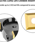 Close-up of four-wing coated carbide insert CNC spoilboard surfacing router bit with half inch shank and two and a half inch cutting diameter