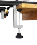 Pro Grade Saw Guide Rail With Adjustable Support Bracket securely attached to a wooden workbench for precision cuts.