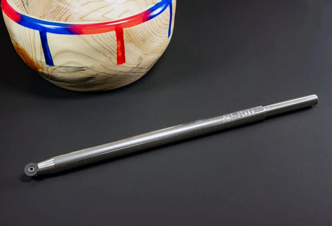 Side view of a 12-inch carbide woodturning tool with a metal shaft and round cutter tip