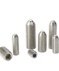 Heavy Duty Stainless Steel Spring Ball Plungers M16x50mm Hex Socket Grub Screws Featuring Rock Solid Grip Built Tough And Hella Durable For Precision Mounting And Rough Work Sites 10 Pack Set displayed in various sizes.