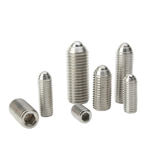 Heavy Duty Stainless Steel Spring Ball Plungers M16x50mm Hex Socket Grub Screws Featuring Rock Solid Grip Built Tough And Hella Durable For Precision Mounting And Rough Work Sites 10 Pack Set displayed in various sizes.