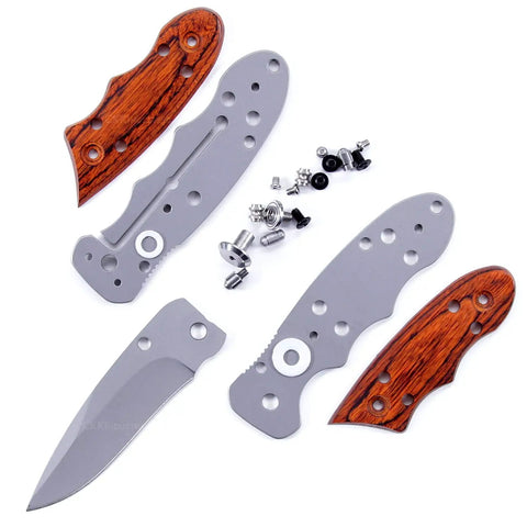 Framelock Folding Knife Kit FLX25 With Cocobolo Dymondwood Handles, DIY Parts Kit, blade, handles, and screws shown.