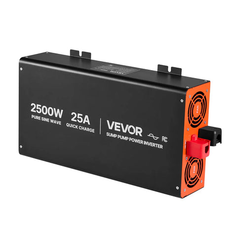 Heavy Duty 2500W Sump Pump Battery Backup Inverter With LCD Display And Pure Sine Wave side view showing connectors and cooling vents.