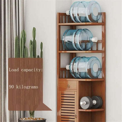Corner Triangle Bookshelf For Living Room Wall Cabinets Space Saving Storage Shelves Bookcase For Home Office Durable Thick Panel Construction With Retro Style showing water jars and weight capacity details