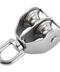 M25 Double Pulley Block Kit With 2 M8 Carabiners, 304 stainless steel swivel pulley, close-up view showing rust resistant design