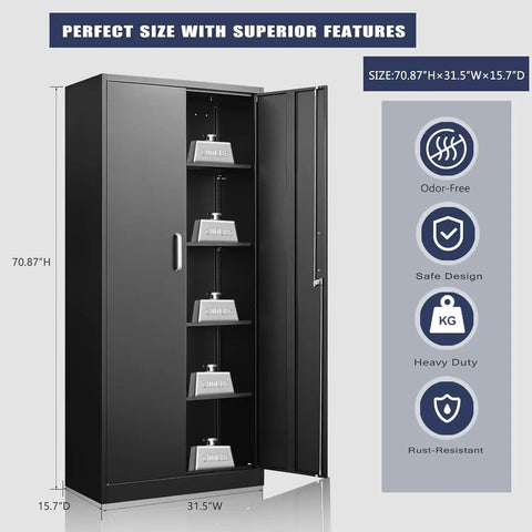 Beefy Black Metal Storage Cabinet With Adjustable Shelves And Doors, Versatile Garage, Kitchen Pantry And Home Office Storage Unit, 71 Inch Tall And Sturdy dimensions and features