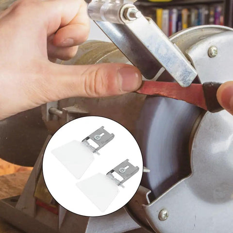 User sharpening tool on a bench grinder with Rock Solid Stainless Steel Bench Grinder Eye Shields And Quick Swap Face Guard Replacement Kit.