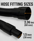Replacement Hose For C2401 Backpack Vacuum, 58 Inch Length, showing 2.36 inch and 1.5 inch fitting sizes in black.
