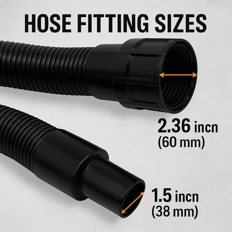 Replacement Hose For C2401 Backpack Vacuum, 58 Inch Length, showing 2.36 inch and 1.5 inch fitting sizes in black.