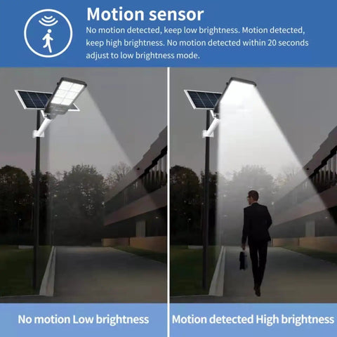 Beast Bright 400W Solar Street Light for Outdoors Dusk to Dawn LED Flood Light showing motion sensor in action IP66 waterproof