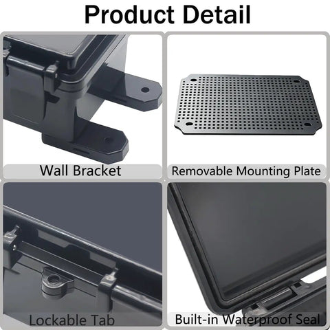 Killer IP67 Seal Rock Solid ABS Junction Box With Secure Hinged Black Lid And Heavy Duty Mounting Plate features wall bracket, lockable tab, waterproof seal.