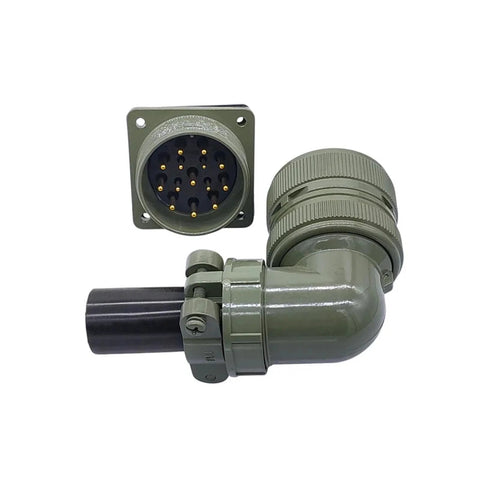 Two-piece MIL-C circular elbow connector set, olive green, 16-pin MS3102A socket and MS3108 plug; panel-mount with mounting holes