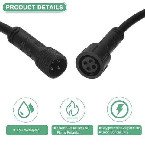 Badass 5 Pack Waterproof Extension Cables With 4 Pin IP67 Male Female Connectors showing sealed waterproof ends for outdoor usage.