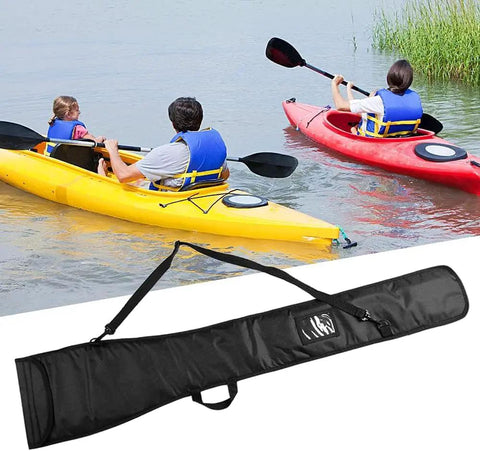 Thick Foam Paddle Bag For Two Piece Kayak And Canoe Paddles, Heavy Duty Protective Storage Case With Cushioned EPE Foam, shown on shore