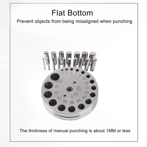 Circle Round Disc Cutter Set 17Pcs Pro Grade Steel with 17 dies for jewelry making, shown with flat bottom design and steel punches