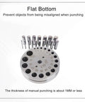Disc Cutter Set With 17 Dies For Jewelry Making And Leather Crafting, Pro Grade Steel Pendant Punch Tool displayed with flat bottom design