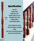 Premium Solid Poplar Wood Balusters For Deck And Stair Railing in red, 95cm height, suitable for indoor staircases, precise dimensions shown.