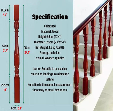 Premium Solid Poplar Wood Balusters For Deck And Stair Railing in red, 95cm height, suitable for indoor staircases, precise dimensions shown.