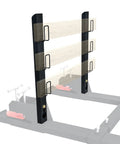 Beefy Heavy Duty Universal Anti Roll Bar For Clamp On Pallet Forks And Tractor Buckets shown attached to forks, enhancing stability.