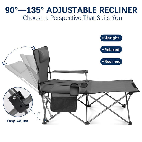 Comfy Reclining Beach Chair With Adjustable Backrest From Ninety To One Hundred Thirty Five Degrees, gray chair in reclined position