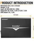 Mavic Pro Drone Battery Charger Hub with dimensions, input and output specifications shown, black with white branding.