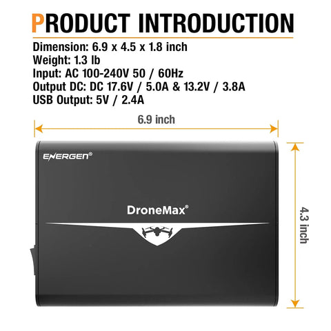 Mavic Pro Drone Battery Charger Hub with dimensions, input and output specifications shown, black with white branding.