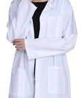 Person wearing Pro Grade Lab Coat For Women In Cotton Blend Long Sleeve Medical Coat White Durable Unisex Fit With 2 Patch Pockets