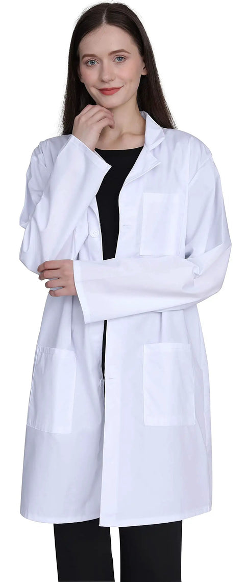 Person wearing Pro Grade Lab Coat For Women In Cotton Blend Long Sleeve Medical Coat White Durable Unisex Fit With 2 Patch Pockets