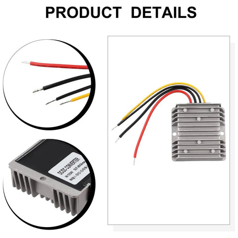 Heavy DC To DC Step Up Converter Boosts 12V Or 24V Straight To 48V Output At 5A IP68 Waterproof with wires and die-cast housing.