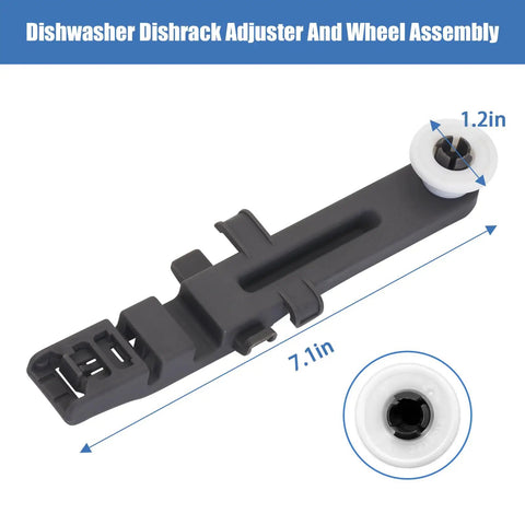 Dishwasher Upper Dishrack Adjuster And Wheel Assembly WPW10571738 4 Pack Replacement detailed view with measurements