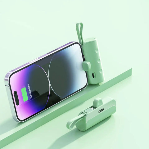No Sweat Battery Charging Case For Rechargeable Cells Solderless DIY Power Bank Housing with phone in green setting.