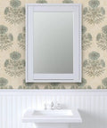 Blue Floral Vinyl Wallpaper With Subtle Leather Texture Finish Paste Required Commercial Grade Wallcovering For Hotels Offices Restaurants Custom Printed Just For You Professional Installation Recommended Solid Performance Room Decor with mirror and sink
