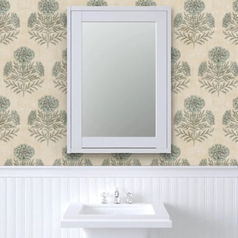 Blue Floral Vinyl Wallpaper With Subtle Leather Texture Finish Paste Required Commercial Grade Wallcovering For Hotels Offices Restaurants Custom Printed Just For You Professional Installation Recommended Solid Performance Room Decor with mirror and sink
