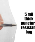 5 mil thick Clear Plastic Dust Collector Replacement Bags 5 Pack For Shop Pros, demonstrating puncture resistance with a pen