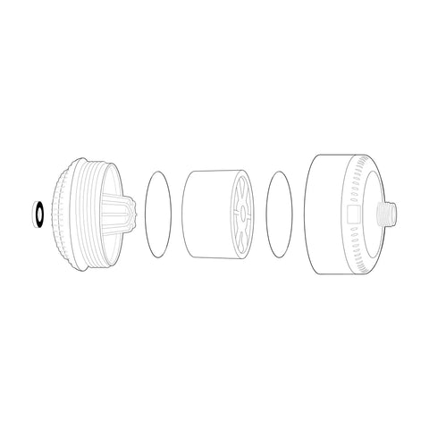 Exploded view of Universal Slim-Line2 Shower Filter With Chlorgon Filtration components in brushed nickel.