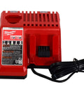 Charger for Milwaukee 18 Volt cordless impact wrench, red and black, with power cord for battery charging.