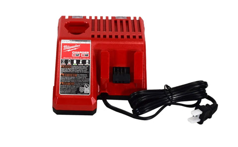 Charger for Milwaukee 18 Volt cordless impact wrench, red and black, with power cord for battery charging.