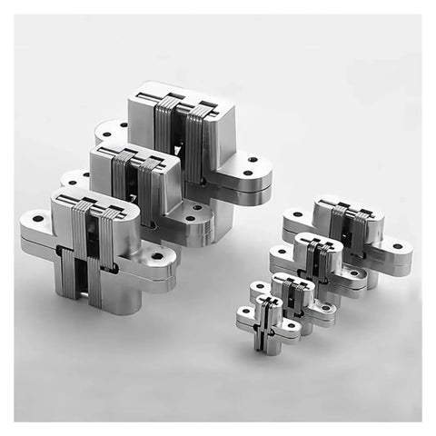 Concealed Cross Hinges For Folding Doors 180 Degree Zinc Alloy Invisible Hinge Set Durable Hidden Door Hardware 13 60mm Easy Installation And Sleek Modern Look For Smooth Folding Doors visible in various sizes on white background.