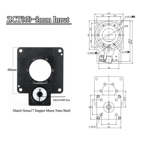 Heavy Duty Hollow Rotary Actuator Turntable Featuring Rock Solid Precision Ratios Up To Two Hundred To One For Cnc Cutting Tables And Automation Replaces Cam Indexers Smooth Five Axis Platform Direct Mount To Nema 42 Motors detailed dimensions and design showing input shaft measurements and compatibility.