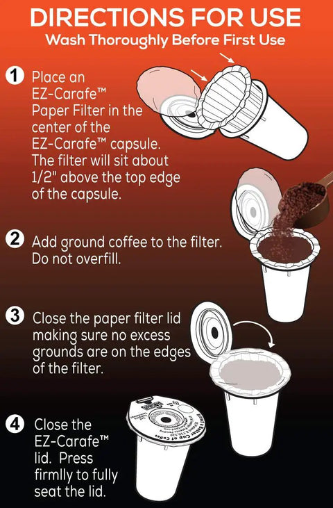 Instructions for using EZ Carafe Disposable Paper Filters with Patented Top Lid for Keurig 2.0 K Carafe reusable coffee pods.