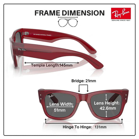 RB0840S Square Non Polarized Sunnies For Men And Women With Dark Grey Lenses, red frame, dimensions marked